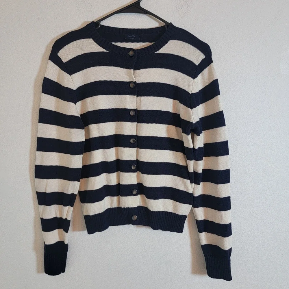 John Galt Stripe Amalie Button Front Cardigan Cotton Nautical Navy Blue Cream OS